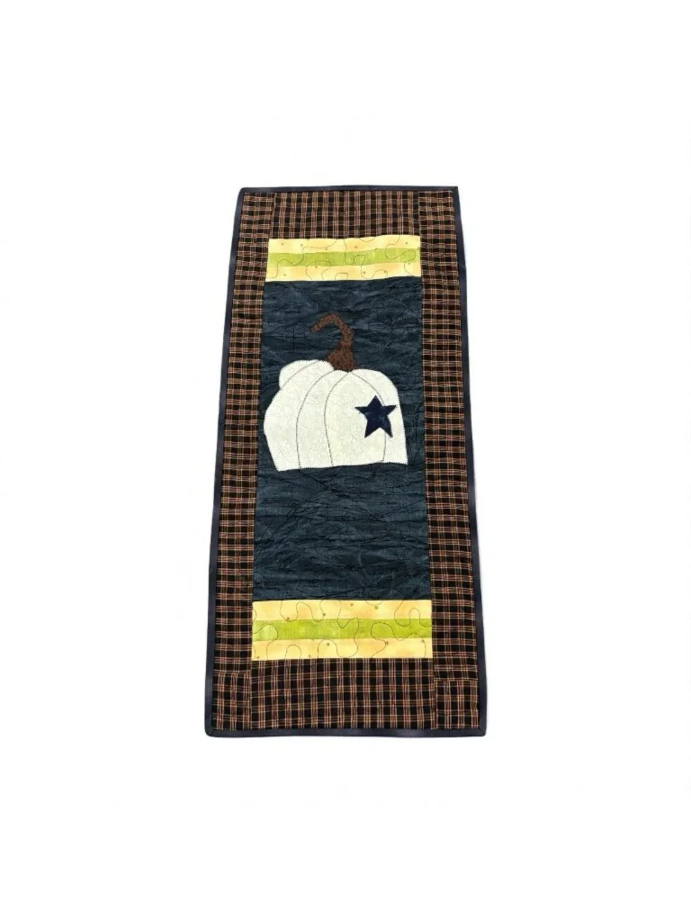Handmade Wall Hanging Quilted Table Runner Harvest Fall White Pumpkin Blue 32”